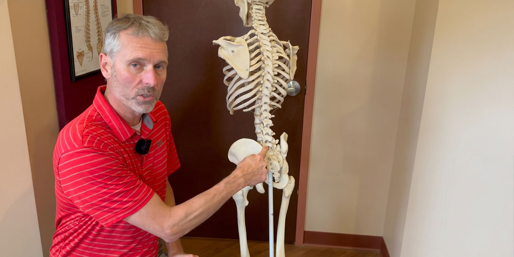 Dr. Bart Hodgins, an Asheville, NC chiropractor, pointing to the lumbar vertebrae on a medical spine model to explain lower back pain relief.